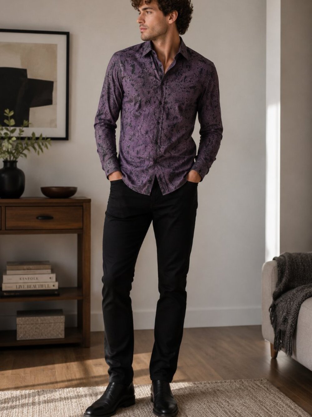 HUGO Mens Slim Fit Purple Paisley Button Down Shirt Long Sleeve